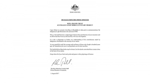 Malcolm Turnbull letter supporting Rona Tranby Grant recipients